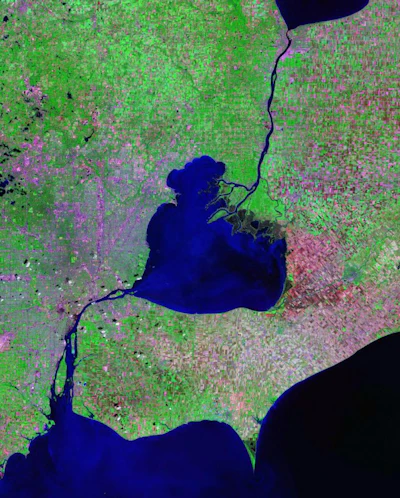 Lake St. Clair, leading into the Detroit River and Lake Erie.