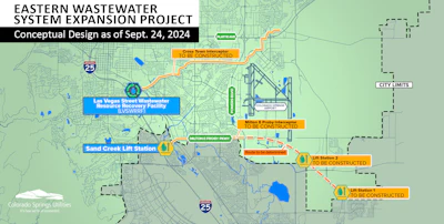 Pathways for the interceptor and force mains and lift station locations for Phase 1 of the Eastern Wastewater System Expansion.