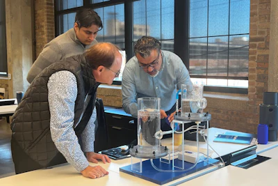 FloNergia Systems, a water-focused startup part of the Sustainable Water Tech Accelerator project, demonstrates its technology at mHUB in Chicago.