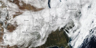 Map showing U.S. regions that were most affected by Winter Storm Fern. | Photo by Laura Dauphin for the NASA Earth Observatory