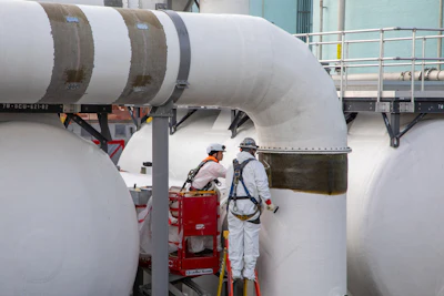 Crews working on fiberglass reinforced plastic at the Biosolids Digesters Facilities Project's odor control facility.